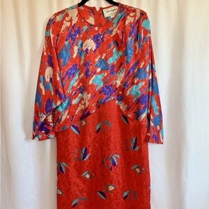 Vintage 1980s Red Satin Midi Dress By Jackie Taub - Size Large